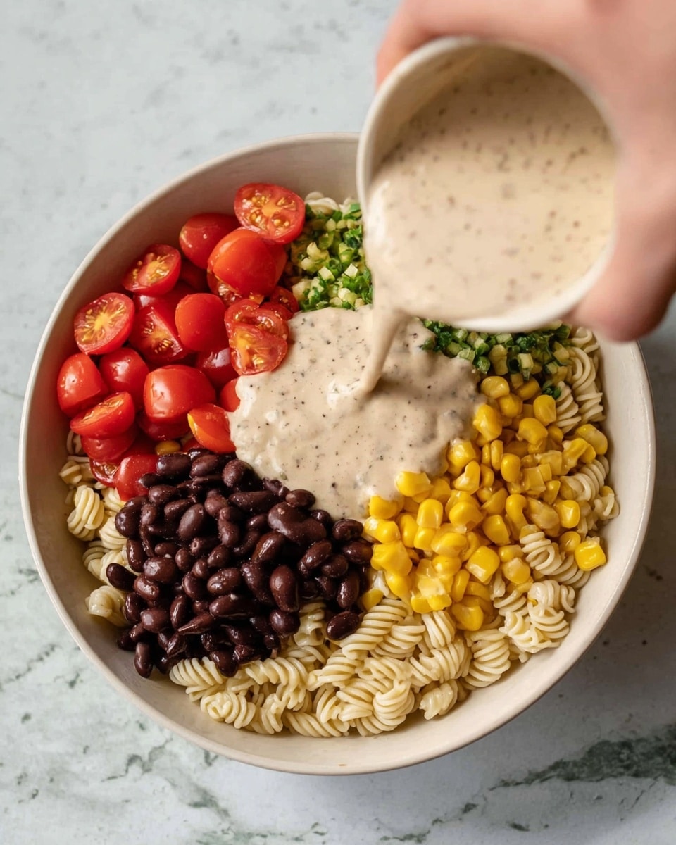 The image shows a white bowl with layers of food arranged separately inside. The base layer is light beige curly pasta filling most of the bowl. On top, there are five distinct sections: bright red halved cherry tomatoes on the left, shiny black beans on the right, vibrant yellow corn kernels at the bottom, and finely chopped green herbs or peppers between the beans and pasta. A woman's hand is pouring a thick, creamy beige sauce with dark specks over the center of the bowl. The bowl sits on a white marbled surface. Photo taken with an iphone --ar 4:5 --v 7