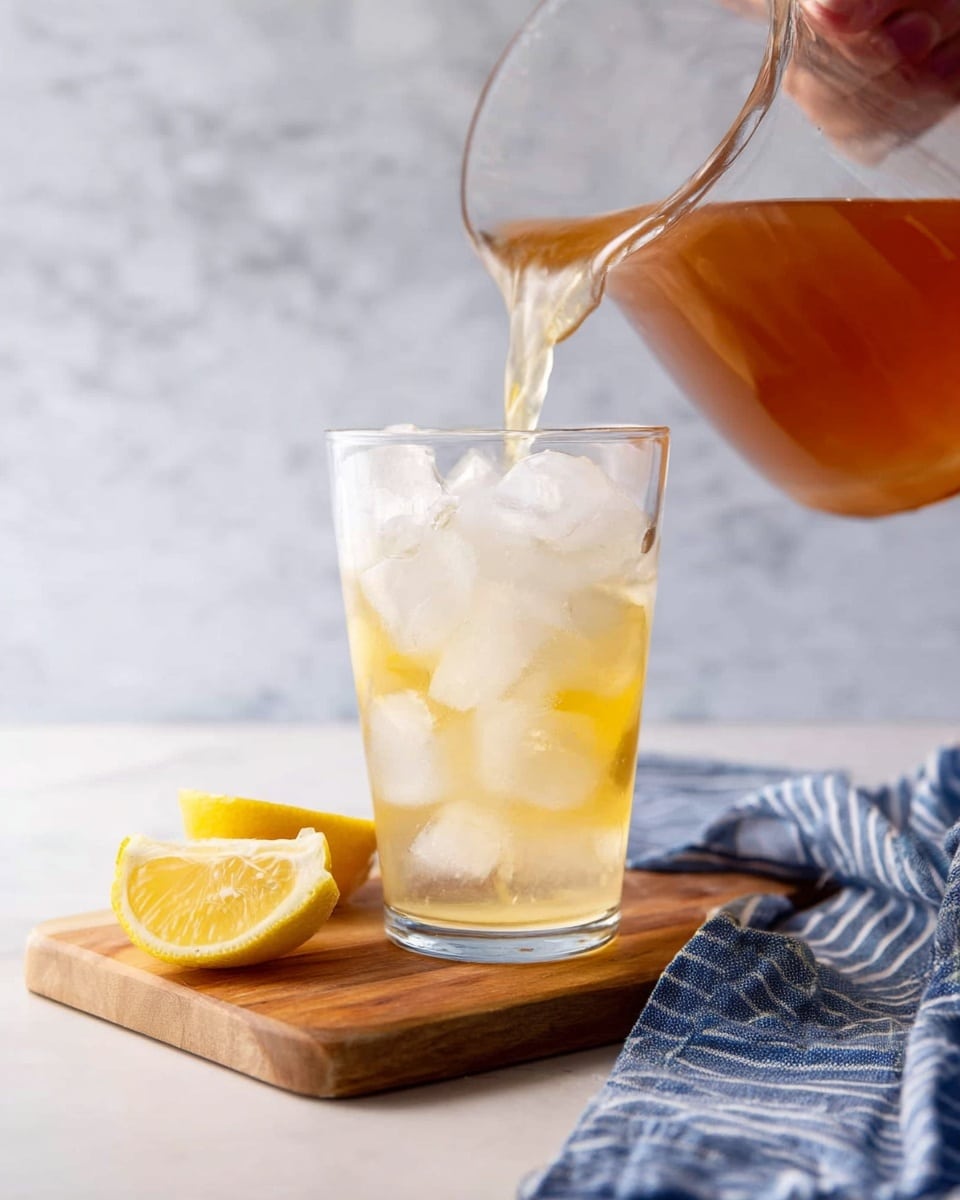 A clear glass filled with ice cubes is placed on a wooden board with a blue and white striped cloth beside it, next to two lemon wedges on the same board. A woman’s hand is pouring a light brown liquid from a clear pitcher into the glass, and the liquid has a smooth texture as it flows. The background and surface show a white marbled texture, creating a clean and fresh look. Photo taken with an iphone --ar 4:5 --v 7