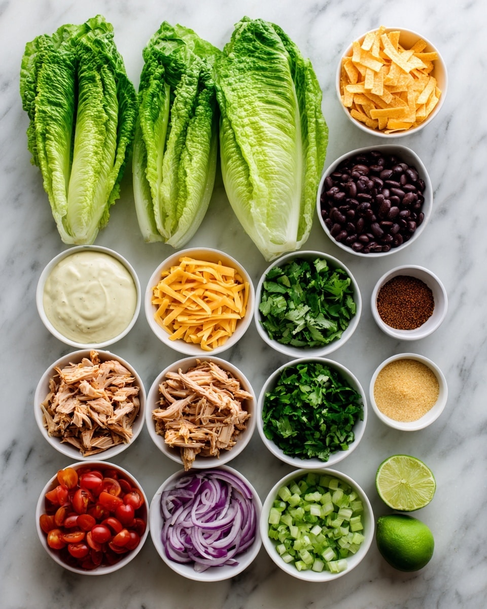 The image shows ingredients for a chicken taco salad neatly arranged on a white marbled surface. There are two large halves of green romaine lettuce placed vertically on the left side. Around them, there are eleven small white bowls, each filled with different ingredients: dark black beans, light shredded chicken, creamy ranch dressing, yellow corn, bright orange tortilla strips, red grape tomatoes, orange shredded cheese, thin slices of purple red onion, chopped green onion, fresh green cilantro, and brown taco seasoning powder. Two lime halves with bright green skin and light green flesh are placed near the bowls at the bottom right. The arrangement is clean and colorful, with each ingredient clearly visible. photo taken with an iphone --ar 4:5 --v 7