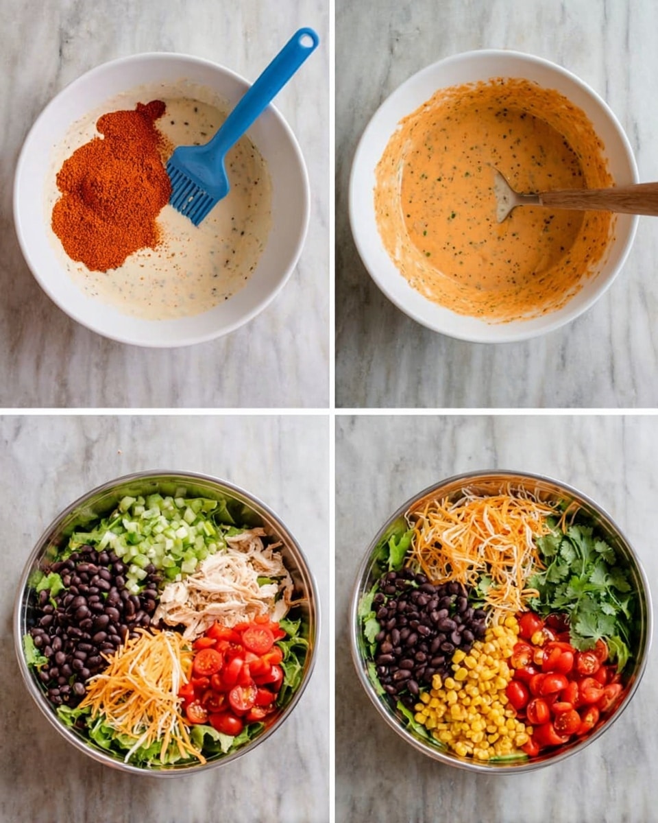 A collage of four images shows the making of a salad with dressing. The top-left image has a white bowl with a creamy white mixture and a pile of orange-red powder on one side, with a blue spatula resting inside. The top-right image shows the same white bowl with the orange powder mixed evenly into the creamy base, turning it a light orange color with specks of seasoning, and the spatula covered in the sauce. The bottom-left image shows a round silver bowl with many colorful ingredients arranged in sections: dark black beans, shredded white chicken, chopped green onions, shredded orange cheese, halved red cherry tomatoes, chopped cilantro, and yellow corn kernels, all placed over a white marbled surface. The bottom-right image shows the same bowl with all ingredients now mixed together with the orange dressing poured on top, covering most of the green lettuce and other items. photo taken with an iphone --ar 4:5 --v 7