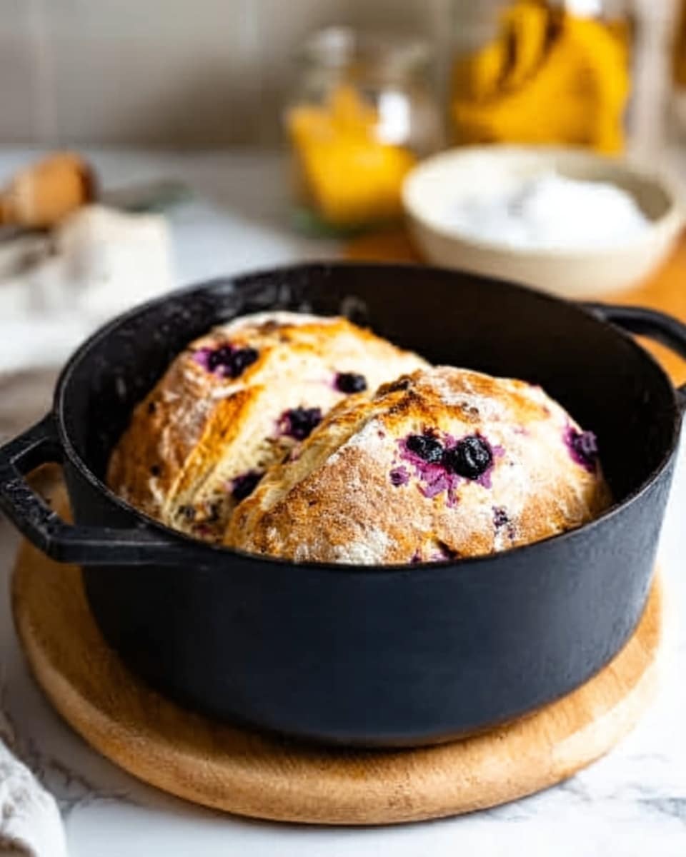 A black pot holds two round bread loaves with a slightly cracked, pale golden crust. Each loaf has dark purple spots from blueberries inside, creating small irregular shapes on the top. The bread looks soft with a rough texture on the crust. The pot sits on a light wooden board on a white marbled surface. In the background, blurry items like a white bowl with yellow cloth and glass jars add a warm kitchen feel. Photo taken with an iphone --ar 4:5 --v 7