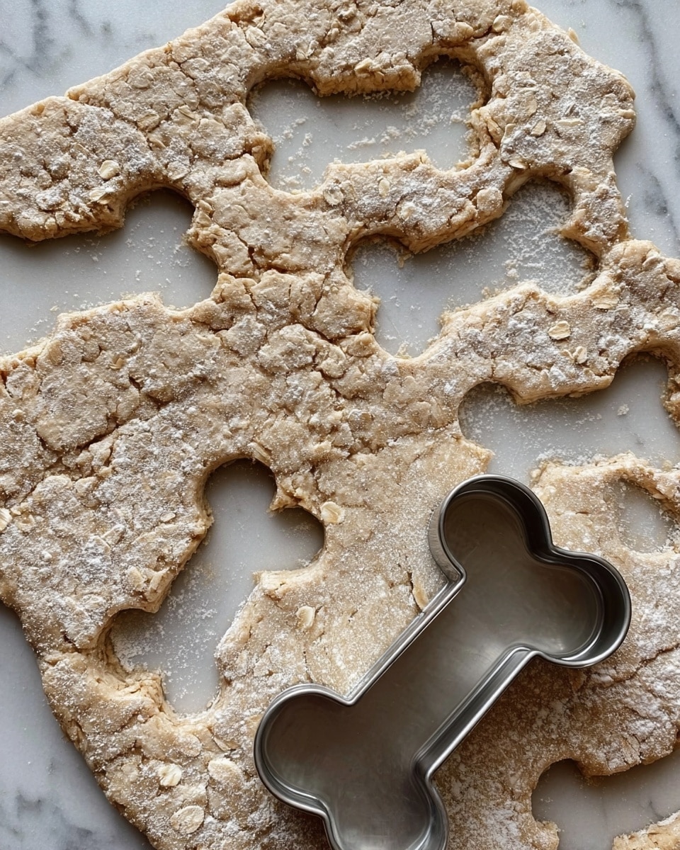 The image shows rolled dough spread out on a white marbled surface. Several bone-shaped cookies are cut out from the dough, with their edges dusted with flour. A silver bone-shaped cookie cutter is placed on the right side, still pressed into the dough, surrounded by the already cut shapes. The dough has a rough texture with visible pieces of oats or grains. photo taken with an iphone --ar 4:5 --v 7