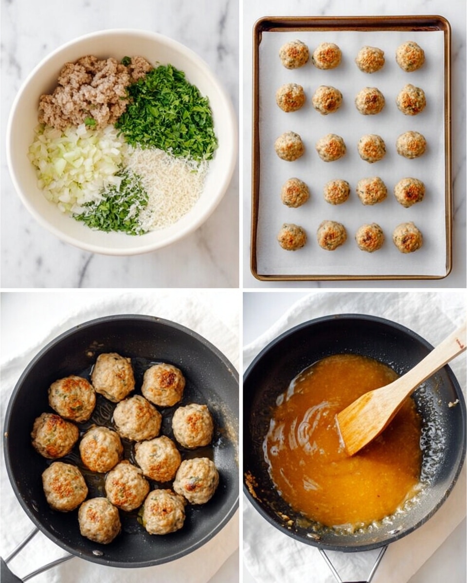 The image shows four stages of making meatballs. The first part has a white bowl with different ingredients: ground meat, chopped green herbs, white breadcrumbs, minced garlic, and a light brown sauce or egg, arranged separately but touching inside the bowl. The second part shows small round raw meatballs placed neatly in rows on white parchment paper on a baking sheet. The third part shows the meatballs cooking in a black frying pan with a light golden-brown color starting to form on them. The fourth part shows the same meatballs in the pan, now covered with a thick, shiny orange sauce being stirred with a wooden spoon. The background is a white marbled texture. photo taken with an iphone --ar 4:5 --v 7