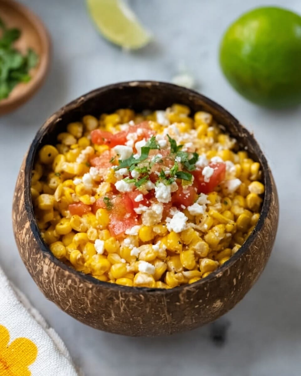 The image shows a bowl made from a coconut shell filled with bright yellow roasted corn kernels as the main layer. On top of the corn, there are small pieces of red tomato, white crumbled cheese, and green chopped herbs spread evenly over the middle. The bowl is placed on a white marbled surface, and next to it is a half lime with a green interior. A white cloth with a yellow flower design is partly visible near the bowl. photo taken with an iphone --ar 4:5 --v 7