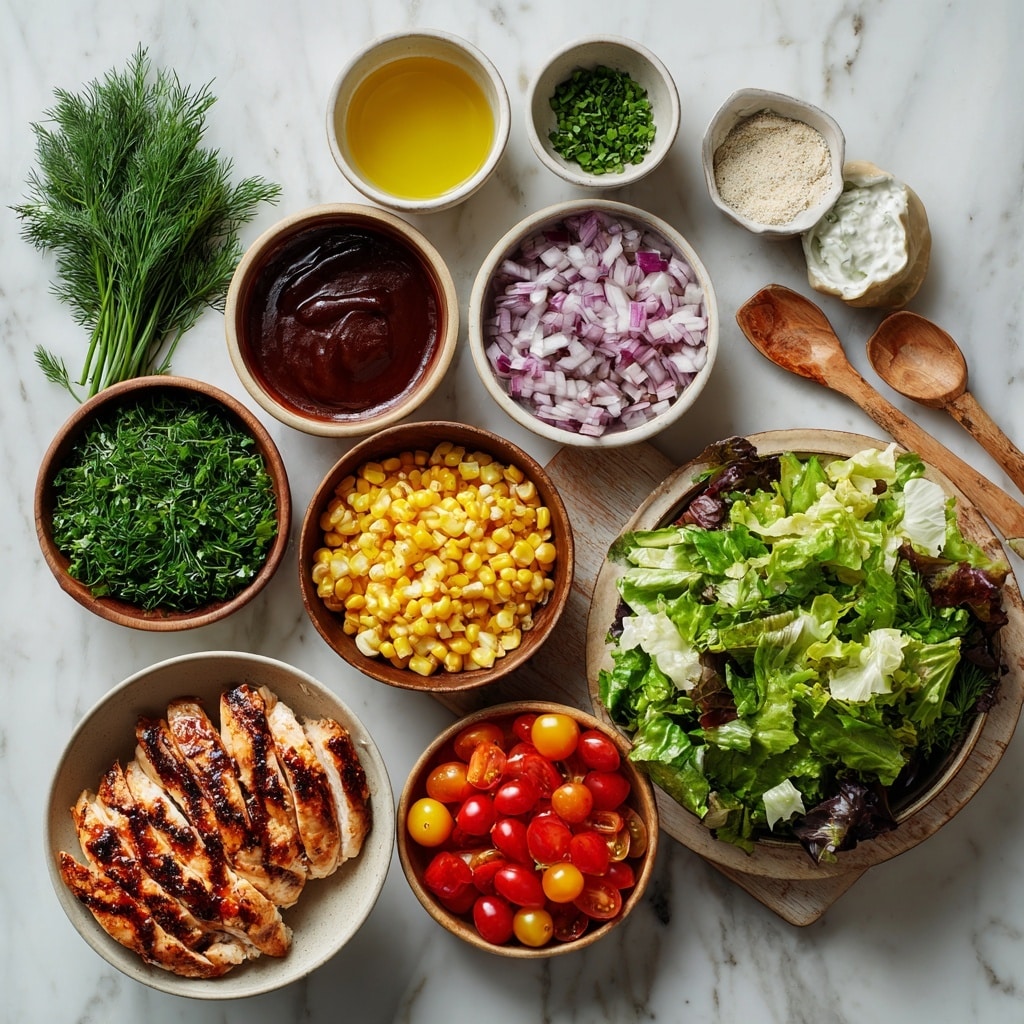 A white plate holds two wooden skewers with shiny, grilled salmon pieces which are orange with dark grill marks and small green herb bits on top, placed on the right side. On the left, there is a colorful salad layer with light green lettuce, yellow grilled corn kernels, red tomato slices, black beans, and some green herbs sprinkled on top. A silver fork rests on the left edge of the plate, partially in the salad, and a few fresh green herb leaves lie over the salmon. The plate is set on a white marbled surface. In the background, part of another white bowl with salad and a white cup with green drink can be seen. photo taken with an iphone --ar 4:5 --v 7