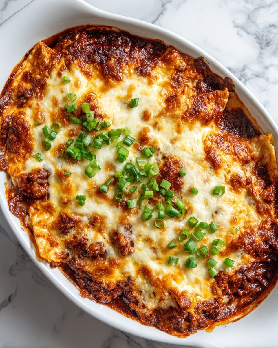 The image shows a white oval baking dish filled with a layered baked dish. The bottom layer is a rich, dark red sauce with a thick texture and some browned, caramelized edges. On top of that are layers of melted creamy white cheese, browned and bubbly in spots, covering a base that looks like soft, cooked pasta or tortillas. The dish is topped with a scattering of bright green chopped spring onions, adding fresh color on top. The dish is placed on a white marbled surface, with two boxes visible near the top edge. photo taken with an iphone --ar 4:5 --v 7