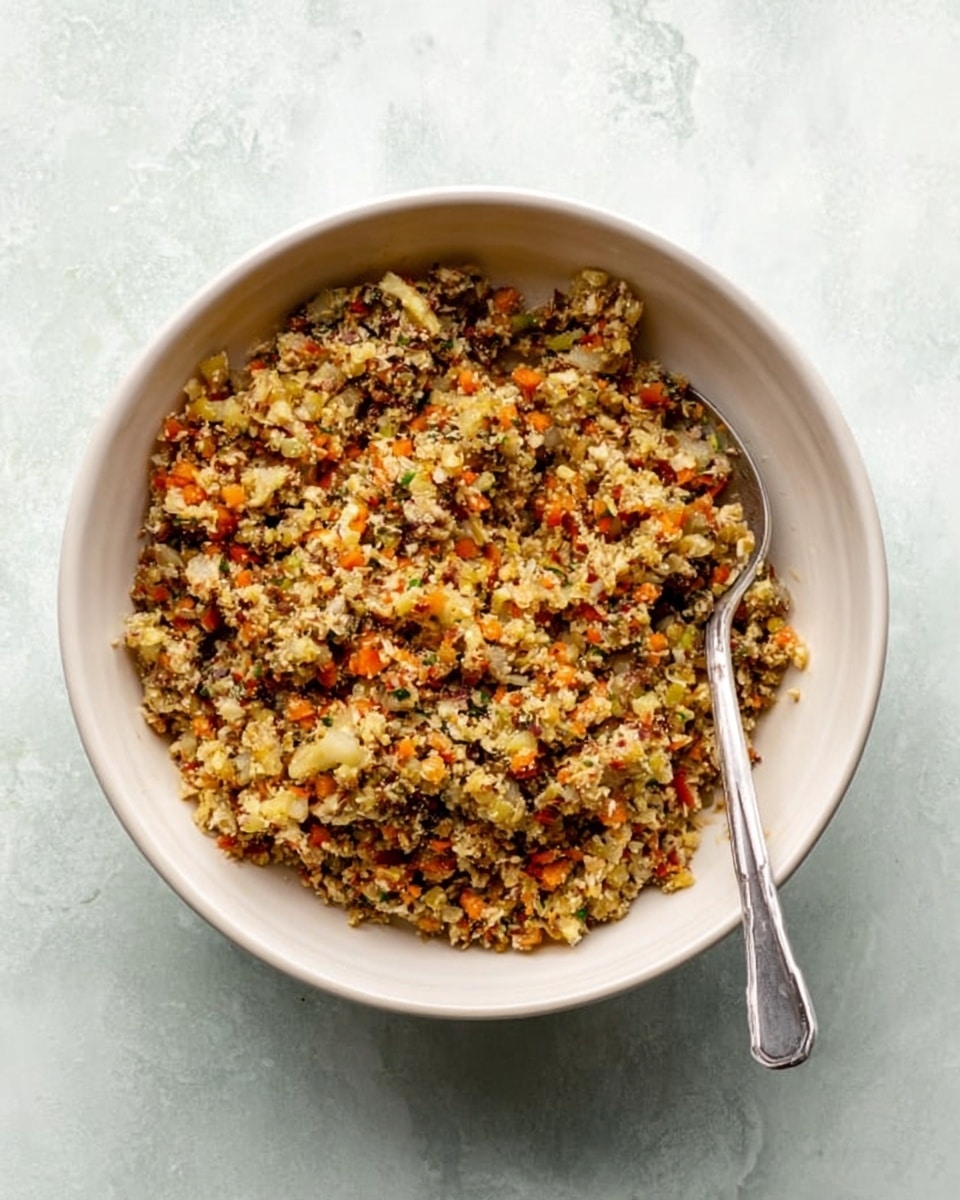 A white bowl filled with a mixture of finely chopped cooked vegetables and grains, showing various colors like orange, light brown, and some green bits. The texture looks soft and crumbly, with small pieces densely packed together. A silver spoon rests inside the bowl, positioned slightly to the right. The bowl is placed on a white marbled surface. photo taken with an iphone --ar 4:5 --v 7
