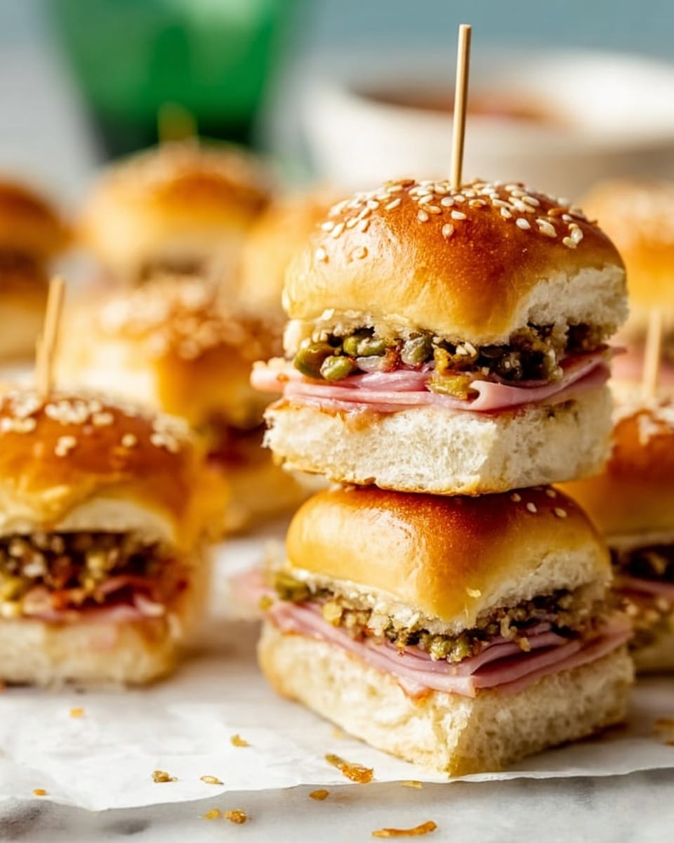 The image shows a stack of small sandwich sliders on white parchment paper, placed on a white marbled surface. Each slider has three main layers: a shiny, golden-brown bun top sprinkled with sesame seeds, a middle layer of finely chopped nuts mixed with small green capers and bits of olives providing a rough texture, and a bottom layer of light pink ham slices under a thick, soft white bread bun base. The sliders in the background are out of focus, and one slider in the stack is held together with a wooden skewer. A blurred green glass and white bowl are visible in the background. photo taken with an iphone --ar 4:5 --v 7