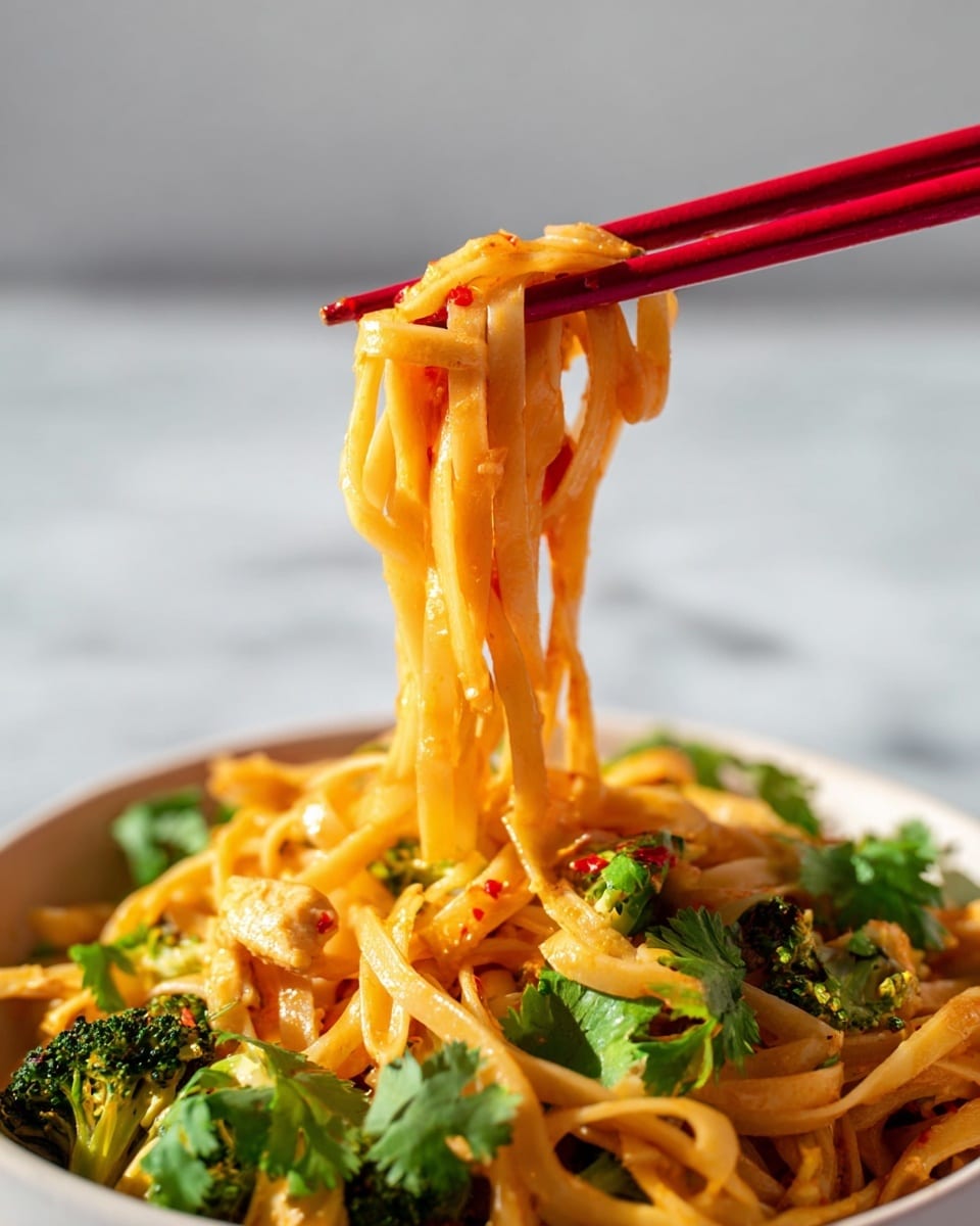 A close-up view of wide, shiny orange noodles lifted by red chopsticks, showing a slight oily texture and small red chili flakes. Below, the white bowl is filled with thick noodles mixed with bright green broccoli florets, some light pieces of chicken, and sprigs of fresh green cilantro scattered on top, all resting on a white marbled surface in the background. Photo taken with an iphone --ar 4:5 --v 7