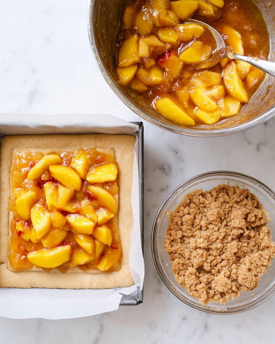 The image shows baking preparation on a white marbled surface with three elements. At the bottom left, there is a square baking pan lined with parchment paper holding a single thick, light beige dough base layer, topped with a layer of cooked peach slices in syrup that are golden-yellow with some reddish parts. Above this, a metal mixing bowl contains more of the same peach mixture with chunks and syrup, which looks glossy and sticky with a spoon resting inside. To the right, there is a clear glass bowl filled with a crumbly, light brown streusel topping, with small coarse clumps. The whole setup is clean and bright with natural lighting giving a fresh look. photo taken with an iphone --ar 4:5 --v 7