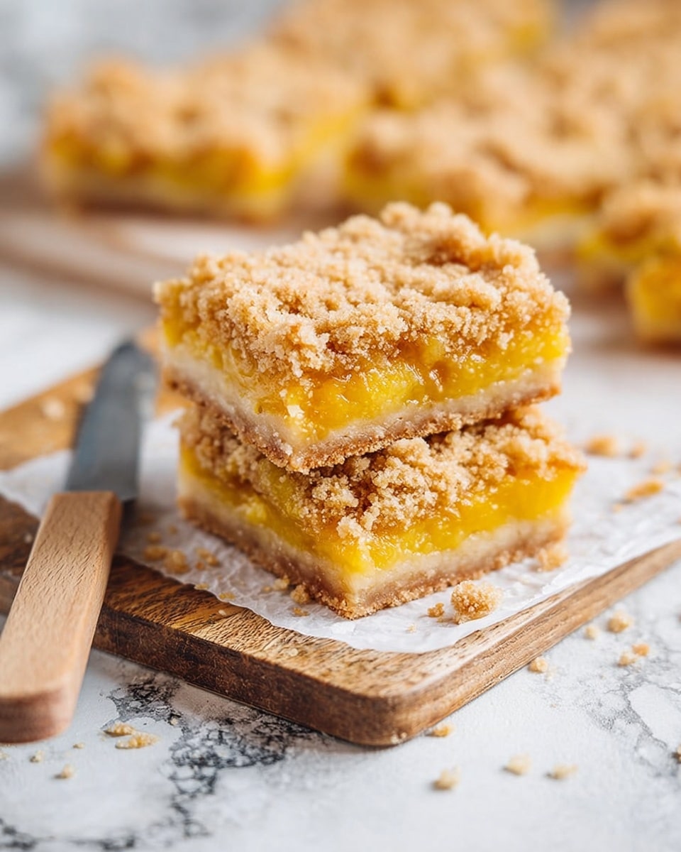 The image shows a stack of two square fruit bars on a piece of white parchment paper placed on a wooden board. Each bar has three layers: a golden crumbly top layer, a bright yellow fruit filling in the middle, and a thick pale base layer. The crumbly top layer is uneven with a rough texture, while the fruit layer appears soft and moist. Crumbs are scattered around the bars, and more bars can be seen blurred in the background. A knife with a light wooden handle lies diagonally on the left side of the board. The surface beneath the wooden board is a white marbled texture. photo taken with an iphone --ar 4:5 --v 7