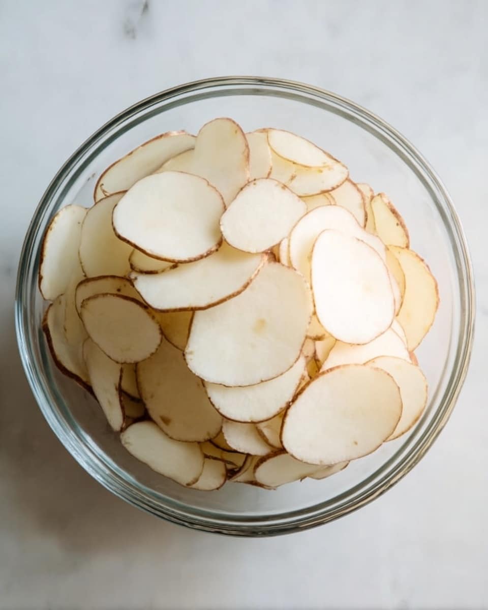 A clear glass bowl filled with thin, round slices of potato that have light brown edges and creamy white centers, arranged loosely layered inside the bowl, placed on a white marbled surface photo taken with an iphone --ar 4:5 --v 7
