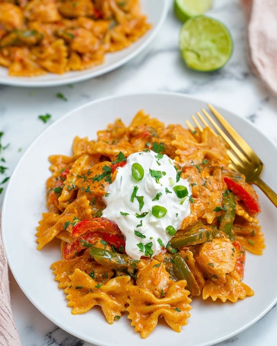 The dish shows a pile of farfalle pasta covered in a creamy orange sauce mixed with chunks of light brown cooked chicken and pieces of yellow bell pepper. The pasta has a smooth texture with some bits of mozzarella cheese melted in. Chopped green herbs are sprinkled evenly on top for color contrast. The food is served on a simple white plate placed on a white marbled surface. photo taken with an iphone --ar 4:5 --v 7