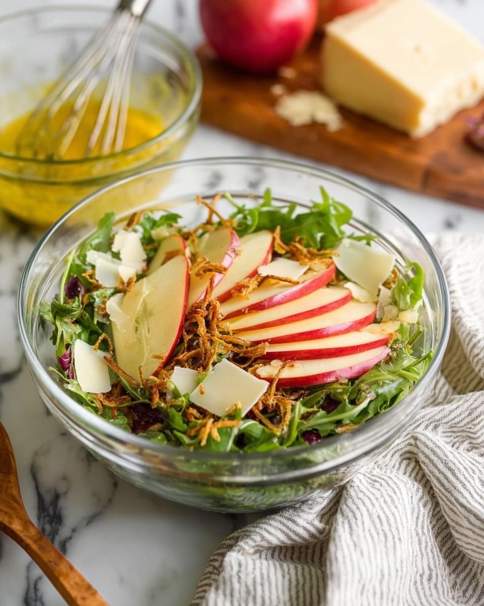 The dish is a close-up view of a fresh salad with several visible layers. The base is light, fluffy quinoa, scattered throughout with light greens like spinach or arugula, adding leafy texture and rich green color. Thin slices of red apple with white flesh are spread evenly across the salad, adding a pop of red on top of the quinoa and greens. Small, crispy, golden-brown fried shallots or onions are sprinkled on to add crunch and a darker contrast. Thin, white shavings of cheese are scattered lightly over the top, complementing the quinoa and greens. The background is a white marbled texture. photo taken with an iphone --ar 4:5 --v 7
