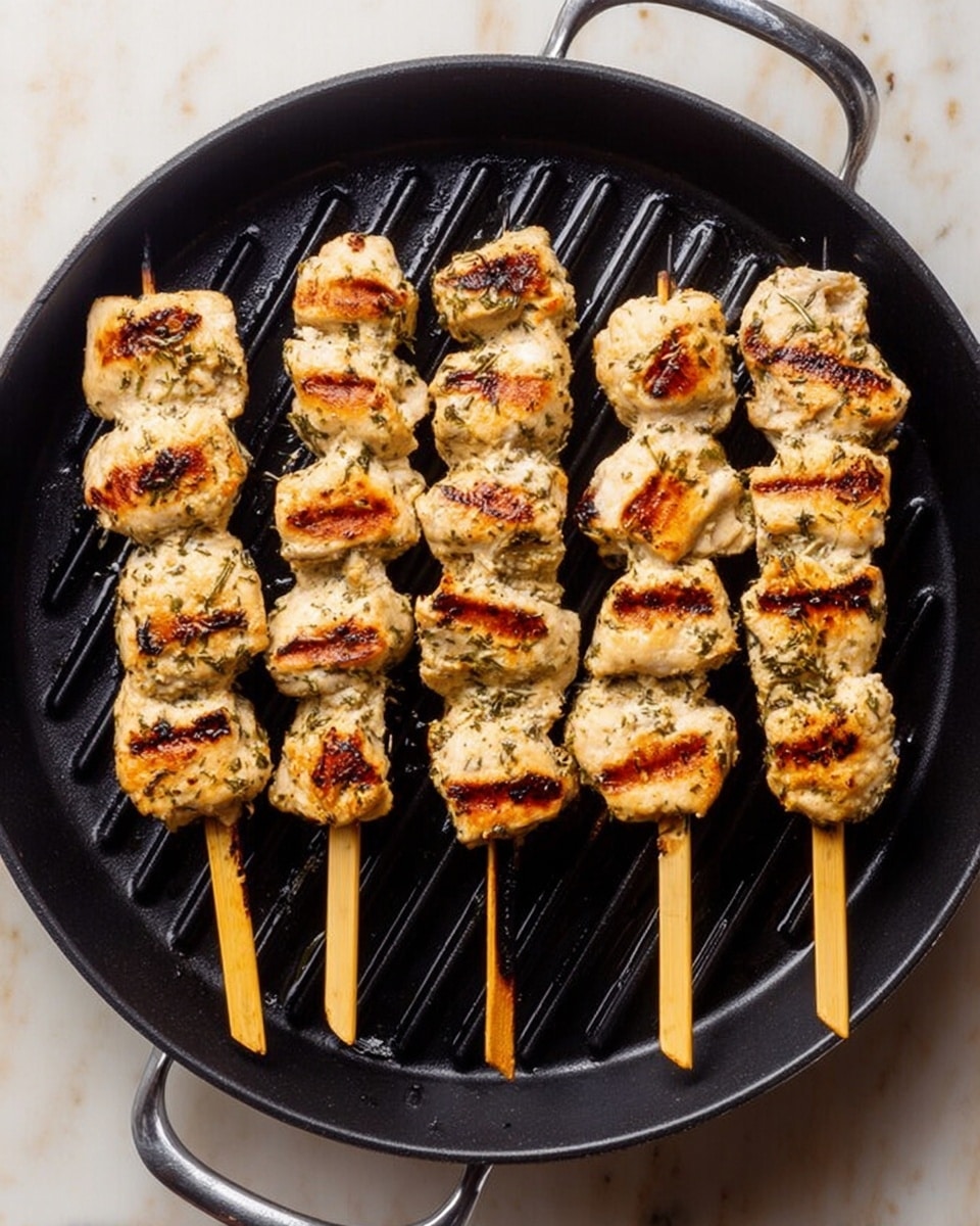 The image shows four wooden skewers with grilled pieces of chicken placed evenly inside a black round grill pan. Each skewer has about five to six chicken pieces with a light golden-brown color and clear grill marks. The chicken pieces have a slightly rough texture with some herbs visible on their surface. The grill pan rests on a white marbled surface, and the handles of the pan are visible. Photo taken with an iphone --ar 4:5 --v 7