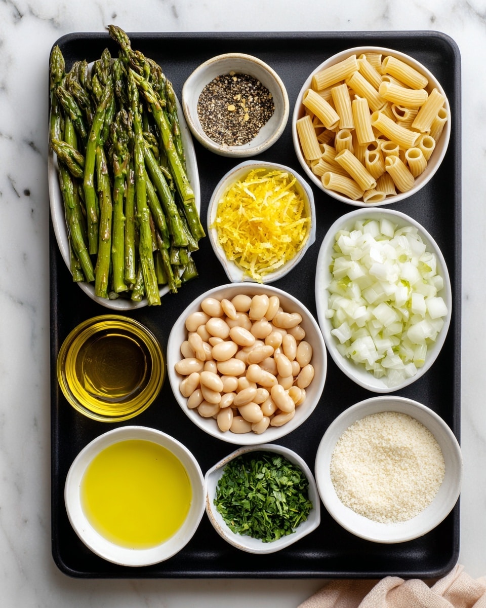 A black rectangular tray with ten small white bowls arranged in a grid on a white marbled background. Starting from the top left, there is a bowl of green asparagus spears with slight char marks, next to it on the right is a bowl filled with tan, tube-shaped pasta. Below the asparagus sits a bowl of round, light beige white beans. To the right of that is a bowl full of chopped white onion pieces and next to it a tiny bowl of bright yellow lemon zest. On the bottom left corner, there is a bowl of golden-yellow olive oil beside a bowl of minced garlic. In the center bottom is a bowl filled with a translucent white liquid labeled almond milk, with a small bowl of light green parsley, black pepper, and salt mixture to the right of it. At the bottom right corner is a bowl filled with granular white parmesan cheese, and just above that and to the center bottom right is a clear bowl of pale yellow lemon juice. The scene is viewed from above with a woman’s hand partially visible at the bottom lifting the tray. Photo taken with an iphone --ar 4:5 --v 7