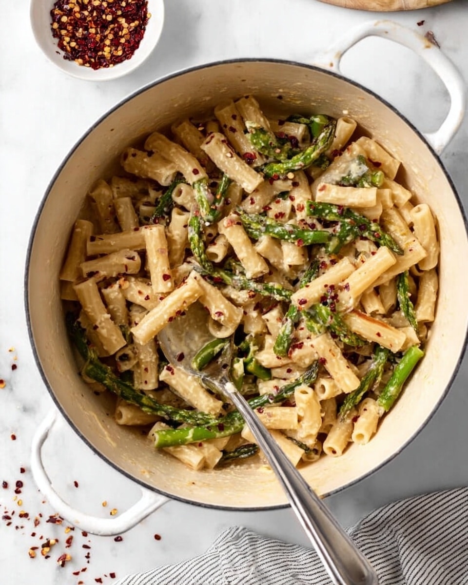 This image shows a white pot filled with short tube pasta mixed with green asparagus pieces. The pasta and asparagus are coated in a creamy sauce with some red chili flakes scattered on top and around the pot. A silver spoon is placed inside the pot, ready to serve. The pot sits on a white marbled surface with some red chili flakes scattered nearby and a small white bowl filled with more chili flakes in the upper right corner. A striped cloth is partially visible at the bottom right corner. Photo taken with an iphone --ar 4:5 --v 7