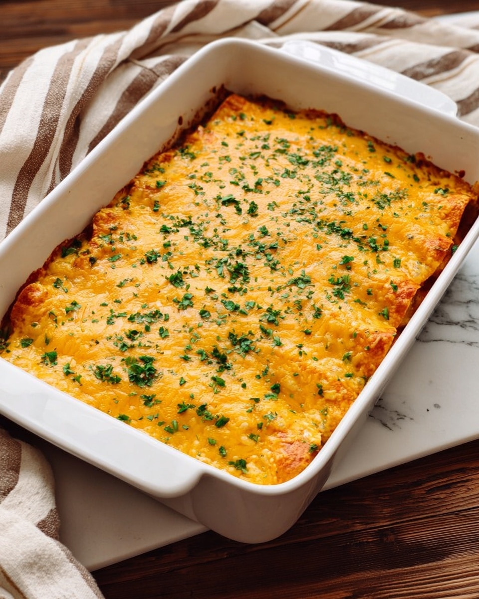 A white rectangular baking dish filled with a single thick layer of baked enchiladas covered in melted orange-yellow cheese and sprinkled evenly with small green parsley bits on top. The dish is placed on a white marbled surface with a beige and brown striped cloth partially visible in the background. Photo taken with an iphone --ar 4:5 --v 7