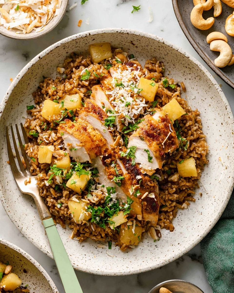 A white speckled plate filled with a layered dish showing a base of brown cooked rice mixed with small chunks of yellow pineapple and fresh green herbs scattered throughout. On top, slices of golden brown cooked chicken rest, with a crispy textured skin and tender white meat inside. The dish is lightly sprinkled with finely shredded coconut, crushed nuts, and green herb leaves for garnish. A fork with a pale green handle lies on the left side of the plate. The background is a white marbled surface with a bowl of shredded coconut and scattered cashew nuts partially visible. photo taken with an iphone --ar 4:5 --v 7