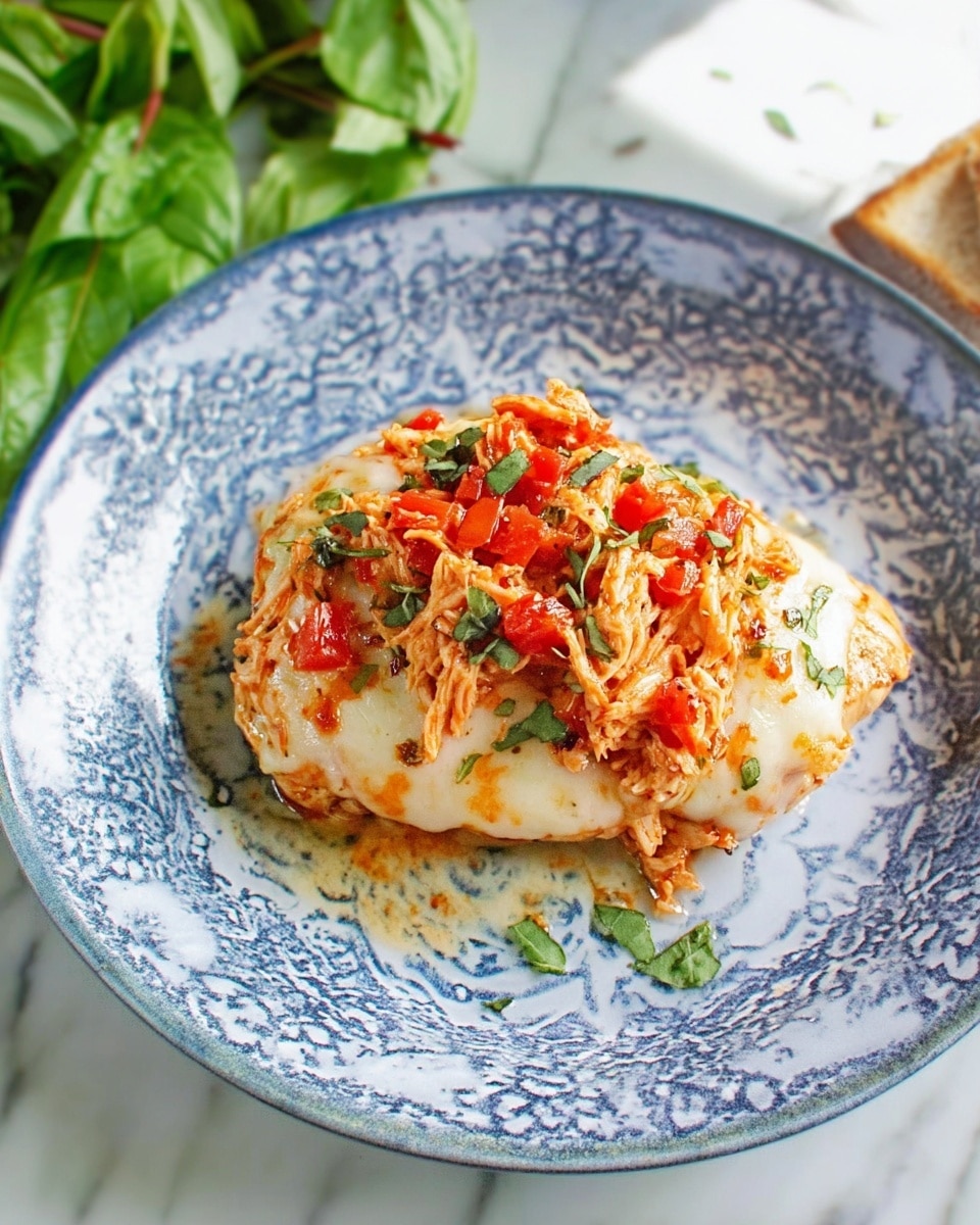 A white piece of grilled chicken is placed in the middle of a white plate with blue patterns. On top of the chicken, there is a layer of melted white cheese that covers the entire piece. Above the cheese, there is a shredded mixture of orange-colored chicken mixed with red tomato pieces and small bits of green herbs. The plate rests on a white marbled surface, with some fresh green leafy vegetables partially visible at the bottom left corner. Photo taken with an iphone --ar 4:5 --v 7