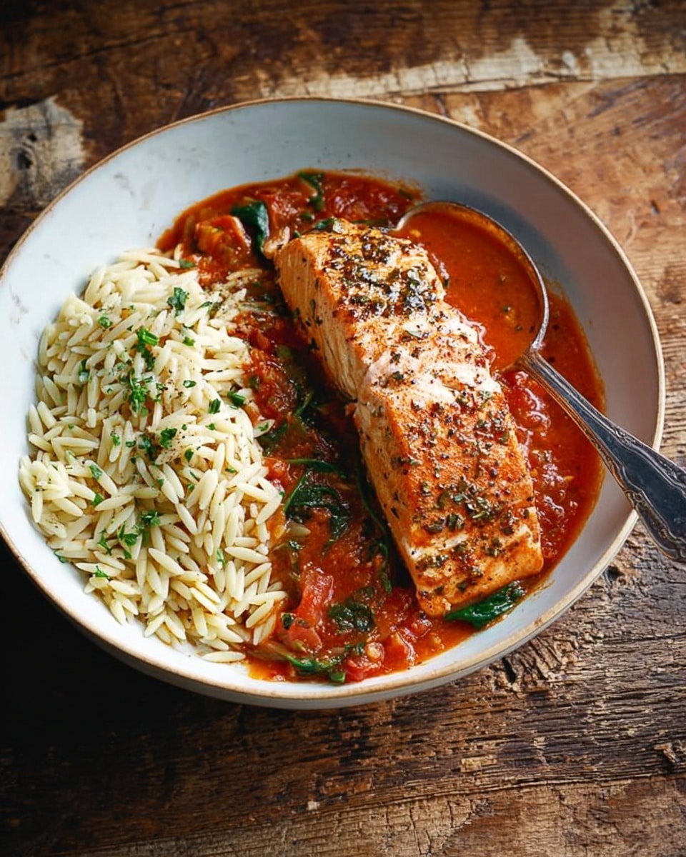 A white bowl placed on a rustic wooden surface holds a meal with two main layers; on one side is shiny, cooked orzo pasta colored creamy white with specks of black pepper and green herb bits sprinkled on top, and on the other side is a large piece of cooked salmon with a light brown crust, resting partially on a thick, bright red tomato sauce with visible green spinach leaves mixed in. A silver spoon is placed in the bowl on the right side, slightly under the sauce layer. photo taken with an iphone --ar 4:5 --v 7