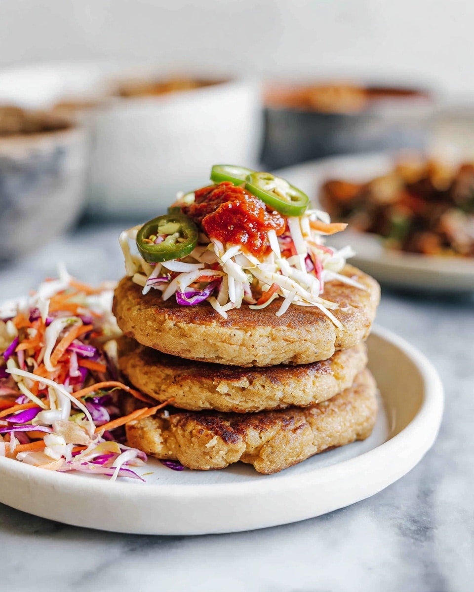 A stack of four thick, golden corn cakes sits on a white plate, with the top cake cut in half and stacked unevenly to show melted white cheese and pinkish beans inside. On top of the cut cakes, there is a small pile of shredded cabbage, thin carrot strips, and a dollop of red sauce. Around the base of the stack, there are scattered thin slices of red onions, green jalapeño rounds, and bits of shredded vegetables. The plate is placed on a white marbled surface with blurred bowls and food in the background. photo taken with an iphone --ar 4:5 --v 7