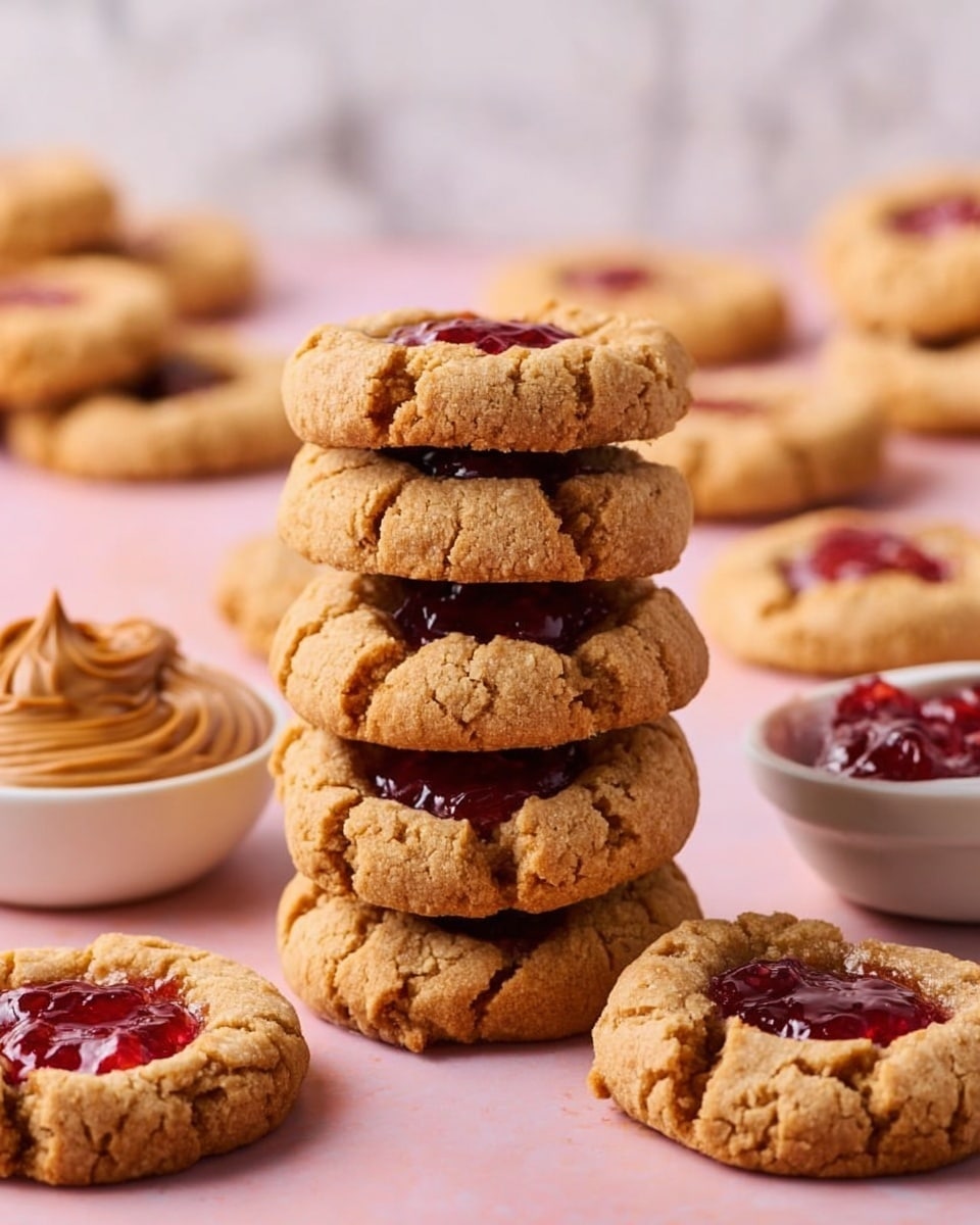 A stack of six golden brown cookies with rough texture and cracks, each cookie having a red jam center visible in the middle; the cookies are on a soft pink surface with more cookies scattered around them in the background. Two white bowls containing peanut butter and red jam sit near the cookies, the peanut butter smooth with a small swirl on top, and the jam thick and shiny. The background is a white marbled texture. Photo taken with an iphone --ar 4:5 --v 7