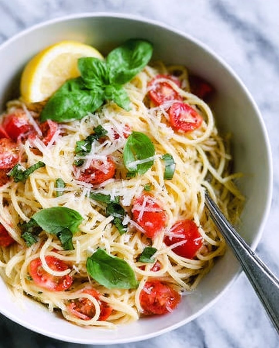 The image shows a close-up of a silver fork lifting a twist of thin spaghetti noodles covered in a light sauce with visible small green herb pieces, hovering above a white plate filled with more spaghetti. The background is softly blurred, highlighting the noodles and the glistening texture of the sauce. A woman's hand is holding the fork, with strands of pasta loosely hanging down from the fork's prongs. The overall colors are light yellow from the pasta, and hints of green from the herbs. The surface beneath the plate has a white marbled texture. Photo taken with an iphone --ar 4:5 --v 7