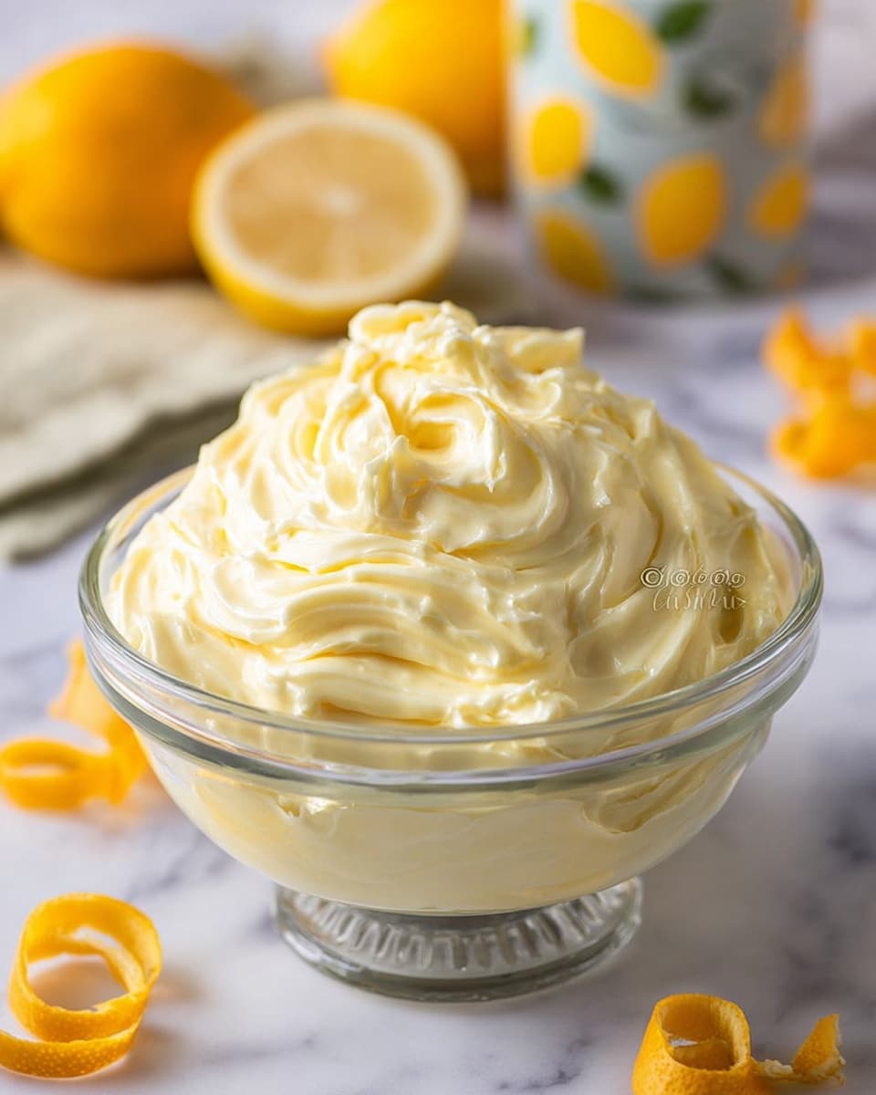 This image shows a clear glass bowl full of thick, creamy, pale yellow lemon butter with a soft and smooth texture, piled high with swirled peaks on top. Behind the bowl, there is a blurred cut lemon and a jar with a lemon pattern on a white marbled surface. Some small lemon curls and a whole lemon are also visible around the bowl, adding to the fresh lemon theme. Photo taken with an iphone --ar 4:5 --v 7