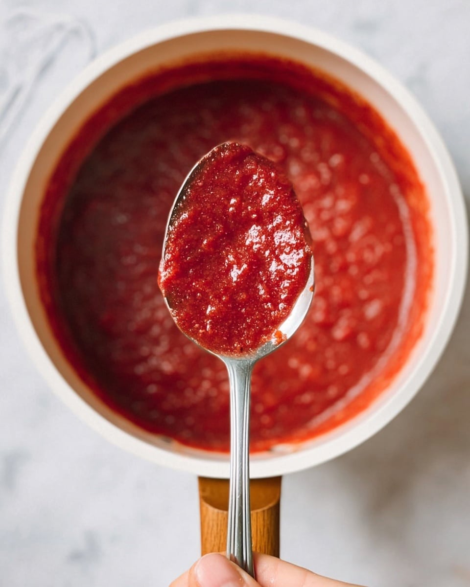 A close-up of a white pot with a wooden handle, filled with thick, vibrant red sauce showing a textured, slightly chunky surface. A woman's hand holds a silver spoon in the foreground, lifting a spoonful of the sauce, which glistens with a moist, glossy finish. The background features a bright white marbled surface, creating a clean and fresh look. photo taken with an iphone --ar 4:5 --v 7