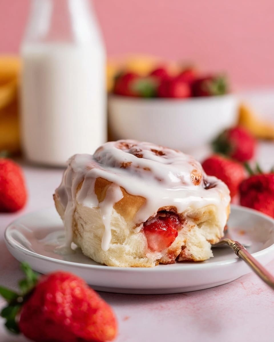 A close-up view of a cinnamon roll on a white plate, topped with a thick layer of creamy white icing that drips slightly down the sides, revealing the golden-brown swirl beneath. Inside, there is a bright red strawberry filling visible in the center layer, adding a pop of color and texture to the soft, fluffy dough. The plate rests on a pink surface, surrounded by whole and halved fresh strawberries, enhancing the fresh, sweet feel. In the background, a tall bottle filled with milk and a blurred white bowl add depth to the scene. photo taken with an iphone --ar 4:5 --v 7
