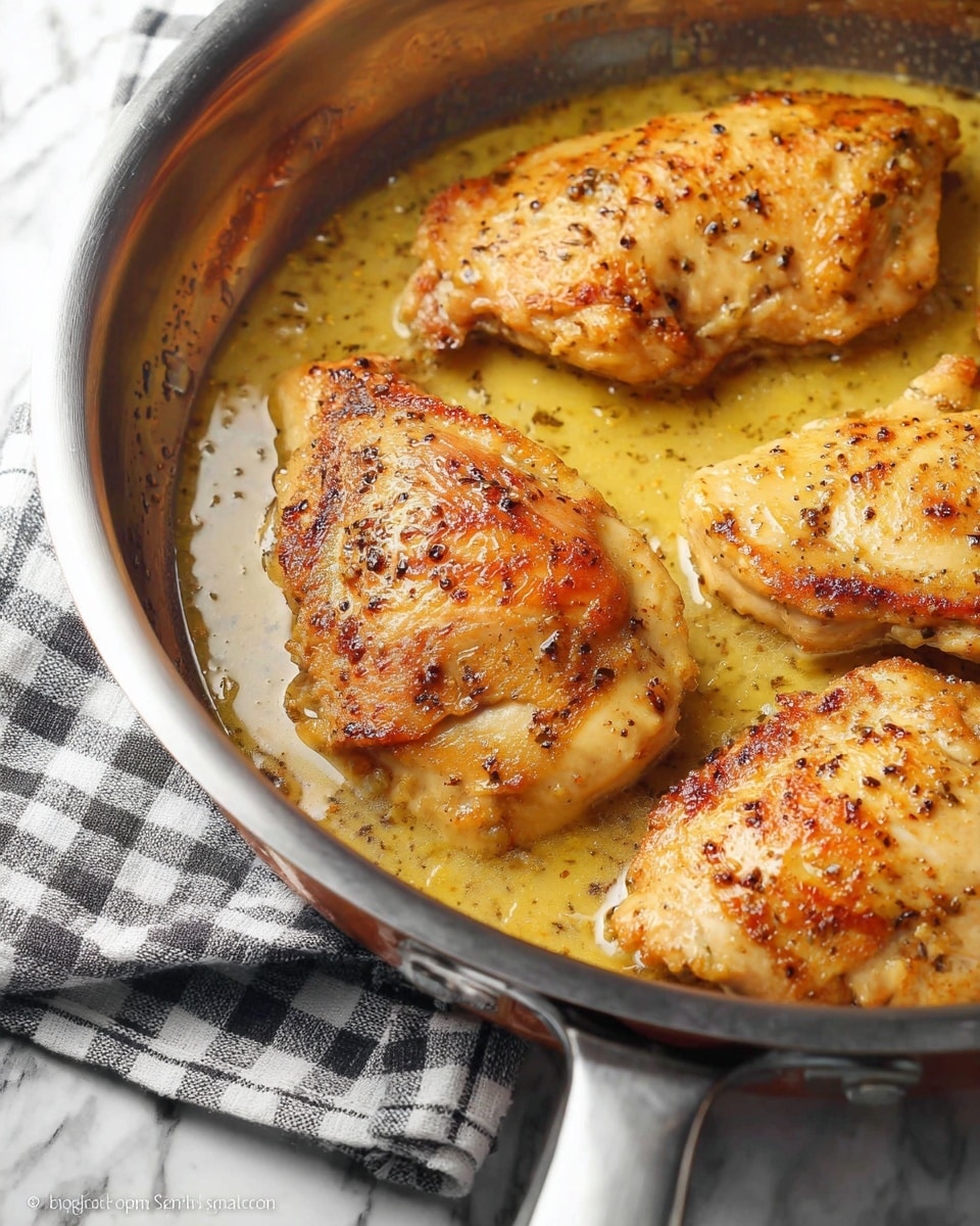 Four cooked golden brown chicken pieces are in a shiny silver pan filled with a light yellow sauce. The chicken has small black seasoning spots and a slightly crispy texture on top. The pan sits on a white marbled surface with a black and white checkered cloth partially under it. The photo taken with an iphone --ar 4:5 --v 7