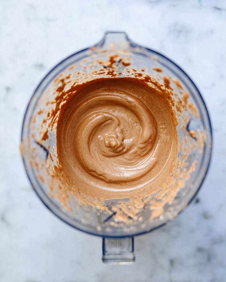 The image shows a top-down view inside a clear blender container filled with light brown creamy mixture swirled in the center, with some bits sticking on the sides. The texture looks smooth and thick with a shiny surface. The blender is placed on a white marbled surface. photo taken with an iphone --ar 4:5 --v 7