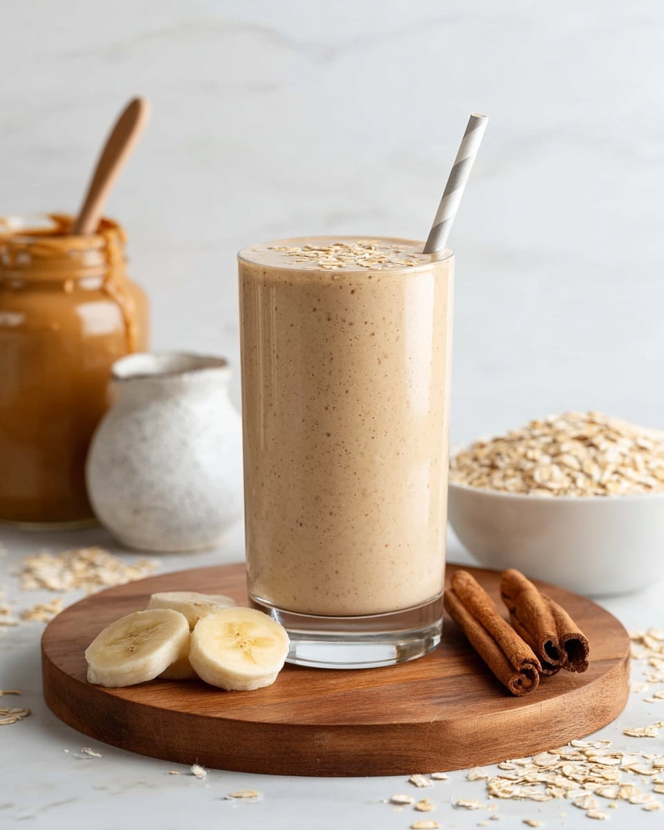A tall, clear glass filled with a creamy, light beige smoothie that has tiny specks throughout, topped with a sprinkle of oats. A silver and white striped paper straw stands in the glass. In front of the glass on a round wooden board are two slices of banana. To the left and slightly behind is a small white speckled pitcher, and behind that is a glass jar filled with peanut butter with a wooden spoon sticking out. To the right of the glass, there is a white bowl filled with oats, some oats scattered on the board, and two cinnamon sticks laying flat. The background and surface are white with a marbled texture. Photo taken with an iphone --ar 4:5 --v 7