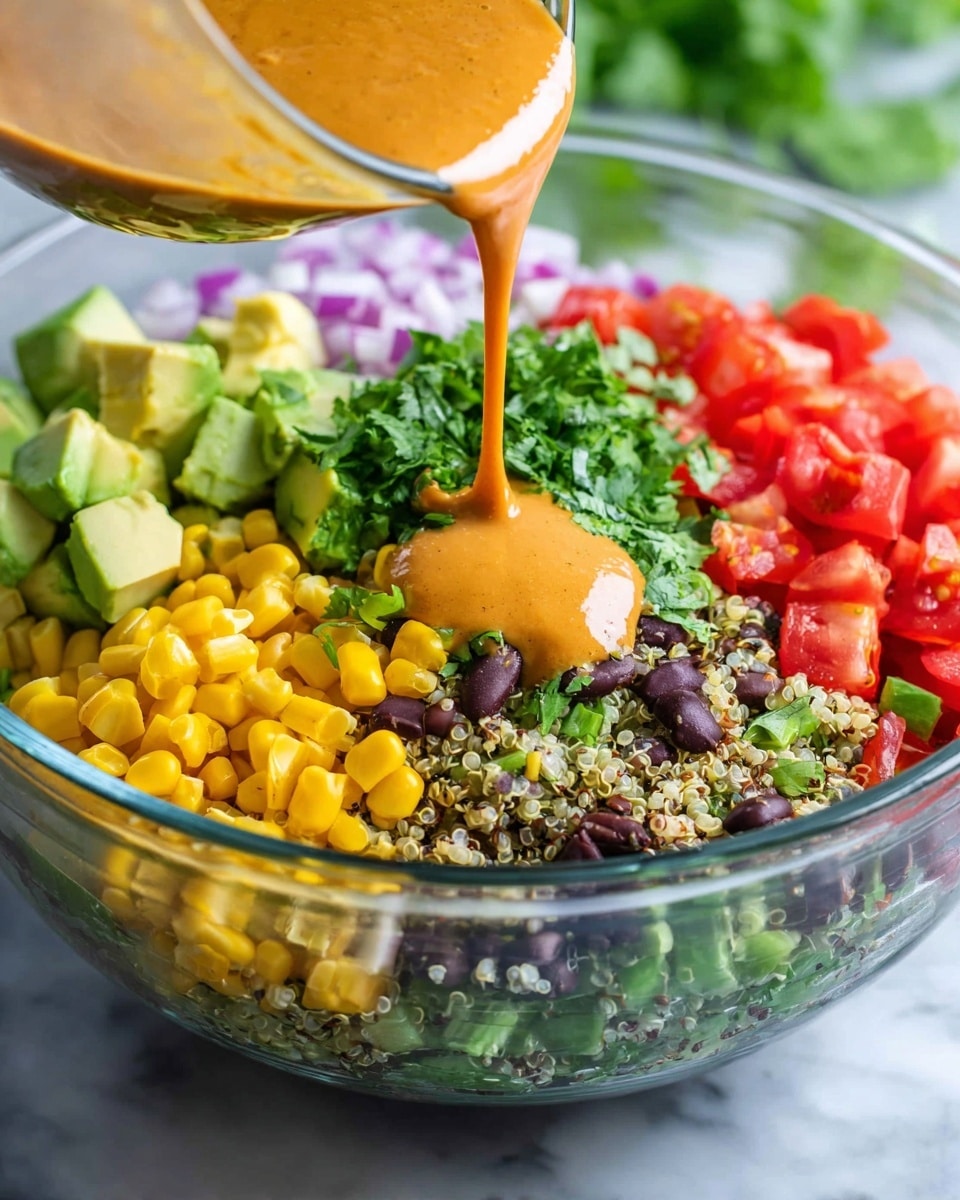 A clear glass bowl holds a colorful layered salad, starting with a base of cooked quinoa mixed with chopped greens. On top, there are neat sections of diced avocado in pale green cubes, bright yellow corn kernels, chopped red tomatoes, finely chopped red onions, black beans, and a heap of fresh chopped cilantro in the center. A smooth orange-brown dressing is being poured over the quinoa and greens, covering part of the salad with a creamy texture. The bowl is set on a white marbled surface. Photo taken with an iphone --ar 4:5 --v 7
