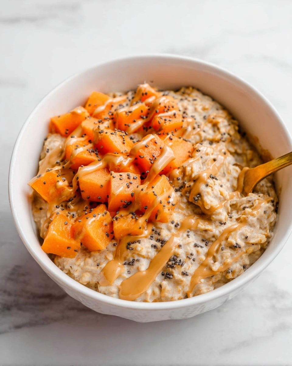 A white ceramic bowl filled with a creamy beige oatmeal base that has a thick, slightly chunky texture, topped with bright orange papaya cubes scattered evenly on top, and small black chia seeds sprinkled across the surface. A drizzle of smooth peanut butter or nut butter is visible over the oatmeal, adding a glossy light brown layer that runs in thin lines. A gold spoon is partially dipped into the right side of the bowl, resting on the oatmeal. The bowl is placed on a white marbled surface. Photo taken with an iphone --ar 4:5 --v 7