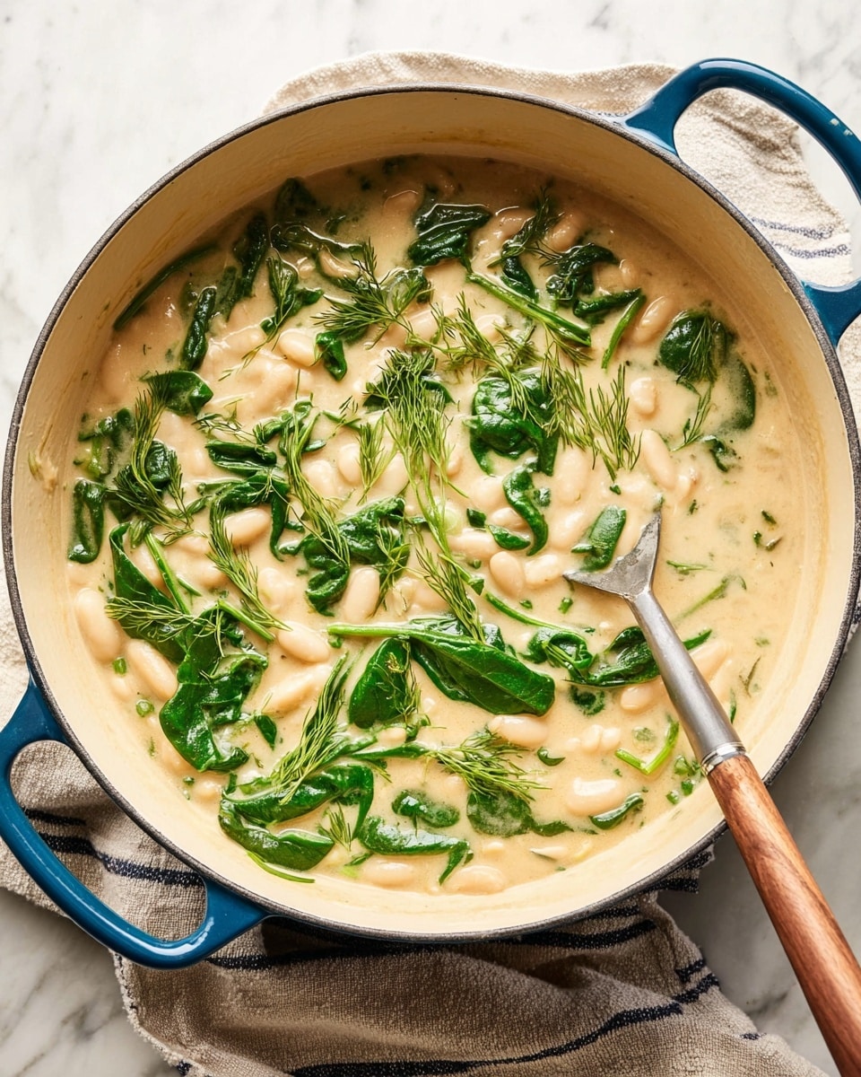 A creamy soup in a white pot with a blue handle shows white beans mixed with fresh green spinach leaves and bright green dill sprigs floating on top. The soup base is a light beige color with a smooth texture, giving off a rich and warm feeling. A grey spoon with a wooden handle rests on the right side inside the pot, partially covered with some soup. The pot sits on a soft beige cloth with navy stripes against a white marbled surface. Photo taken with an iphone --ar 4:5 --v 7