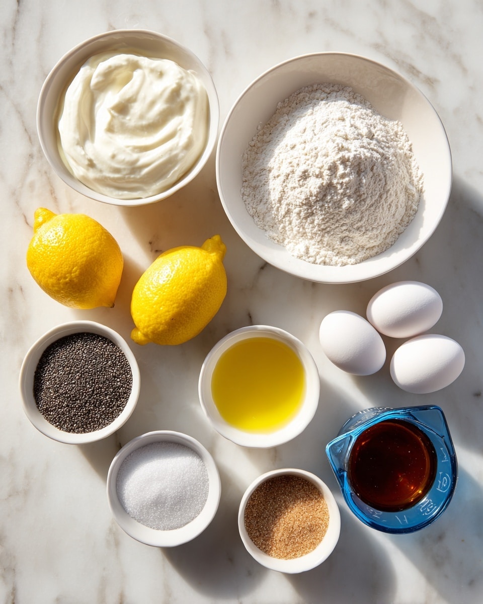 The image shows several small white bowls and containers with ingredients neatly placed on a white marbled surface. Starting from the top left, there is a white bowl filled with thick white Greek yogurt, next to a larger white bowl holding dry ingredients like white flour, baking powder, baking soda, and salt. Below these are two white eggs side by side, near two whole yellow lemons with a smooth texture. To the right of the lemons is a white bowl filled with clear golden avocado oil, and next to it is a blue measuring cup filled with honey showing a glossy dark amber color. At the bottom left, there is a small white bowl containing tiny dark chia seeds, then a smaller white bowl with dark vanilla liquid, and finally a white bowl with brown turbinado sugar labeled as optional. The ingredients are cleanly arranged with soft natural light illuminating the scene photo taken with an iphone --ar 4:5 --v 7
