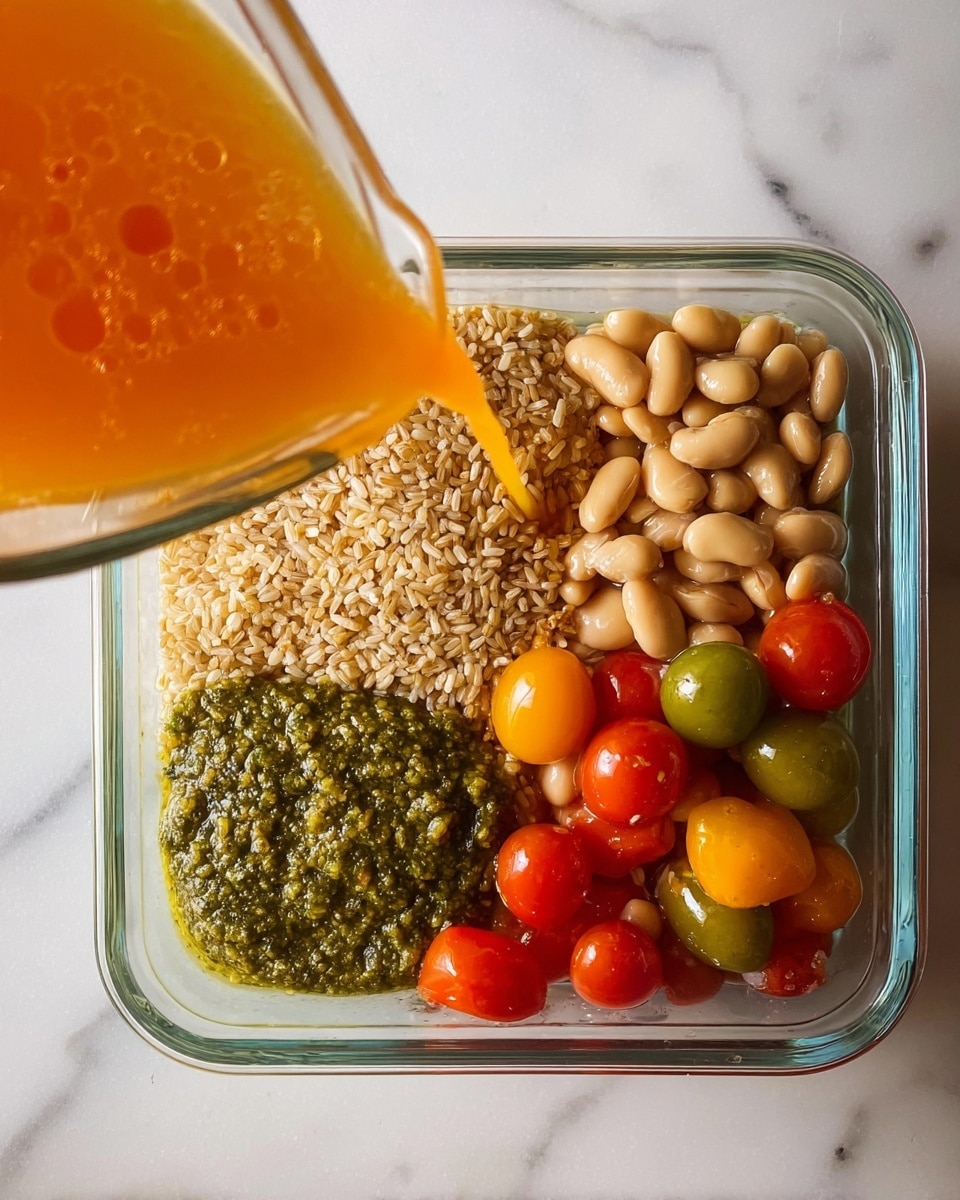 A clear glass square dish contains four distinct layers of food items. In the top left corner, there is a neat pile of light brown rice with a slightly rough texture. To the top right, there are smooth, pale white beans tightly packed together. At the bottom left, a small mound of green pesto sauce sits in the center, its texture thick and slightly chunky. The bottom right section holds a mix of halved cherry tomatoes in red, green, and yellow hues, showing their juicy and shiny interiors. An orange liquid is being poured from a glass jug into the dish from the left side, captured mid-pour. The dish is placed on a white marbled surface. photo taken with an iphone --ar 4:5 --v 7