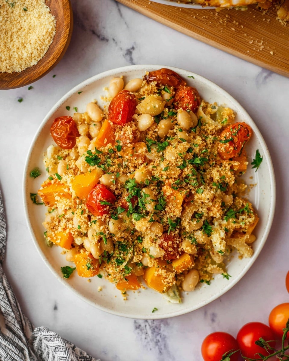A white round plate filled with a baked dish showing multiple layers and textures. The base layer is made of small white beans mixed with yellow-orange roasted vegetable pieces, likely squash or sweet potato. Scattered on top are halves of roasted cherry tomatoes in red and golden yellow. The dish is covered with a crumbly, light brown breadcrumb topping that appears crispy and slightly browned. Fresh green herbs, probably parsley, are sprinkled across the surface for color contrast. The plate sits on a white marbled surface with a wooden bowl partially visible on the side containing more dry breadcrumbs, and whole cherry tomatoes nearby. Photo taken with an iphone --ar 4:5 --v 7