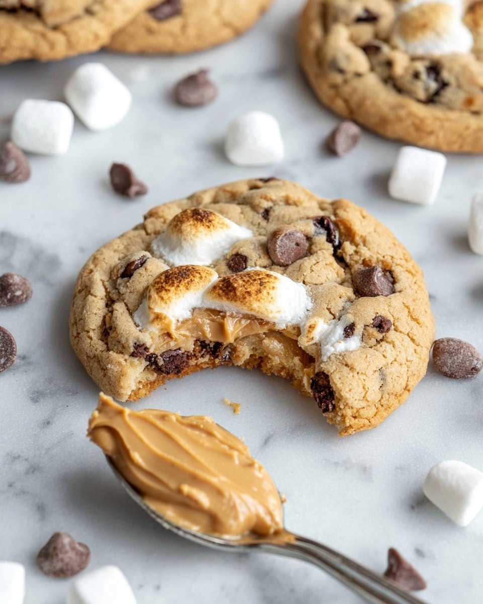 A close-up image of a soft, round cookie with a bite taken out of the edge, showing a light brown dough base mixed with dark chocolate chips and golden toasted marshmallows melted on top. The cookie lies on a white marbled surface scattered with small white marshmallows and chocolate chips. In the foreground, a silver spoon holds a thick layer of creamy light brown peanut butter. Another whole cookie is partially visible in the background. Photo taken with an iphone --ar 4:5 --v 7