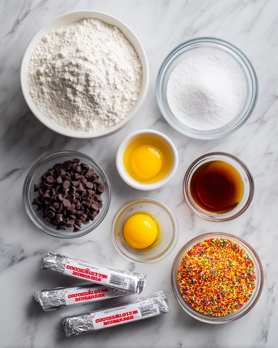 The image shows a set of baking ingredients arranged on a white marbled surface, with each ingredient labeled. There are seven clear or white bowls: a large bowl filled with all-purpose flour that is white and powdery, a small white bowl with white powdered sugar, a small glass bowl holding one bright yellow egg yolk, a small white bowl containing a small amount of salt, a small white bowl with brown vanilla liquid, a clear glass bowl filled with dark brown mini chocolate chips, and another clear glass bowl with colorful sprinkles in orange, yellow, and brown tones. Two sticks of wrapped butter, silver with red text, are placed on the surface below the bowls. The items are spaced neatly in rows, showing a clear view of each ingredient. Photo taken with an iphone --ar 4:5 --v 7