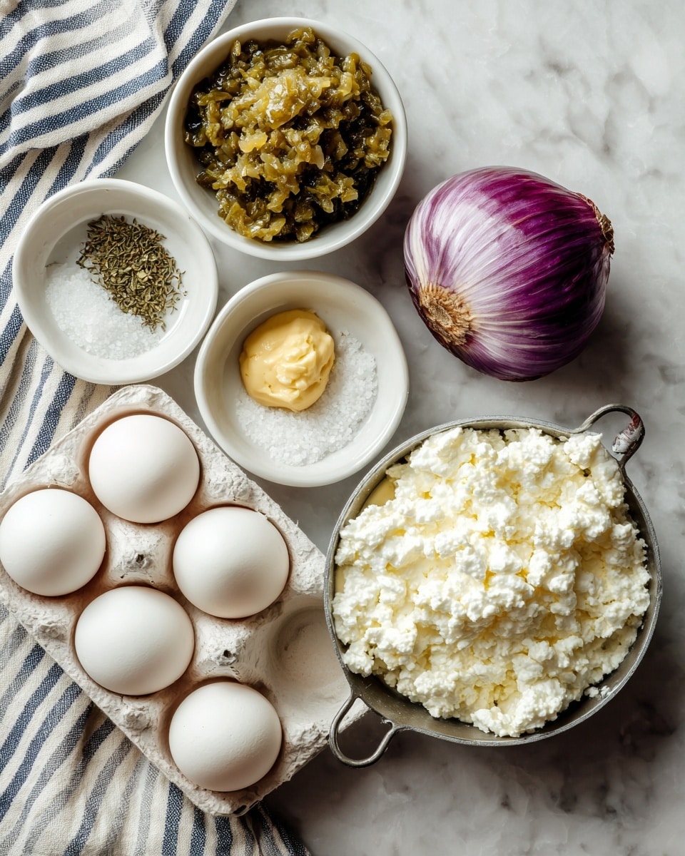 A light gray bowl holds a creamy pale yellow egg salad with small bits of egg white mixed in, topped with small pieces of green chives scattered across the top. There is a silver spoon resting on the right edge inside the bowl. The bowl sits on a white marbled surface with a wooden bowl of chopped purple onions and another wooden bowl of green herbs blurred in the background. photo taken with an iphone --ar 4:5 --v 7