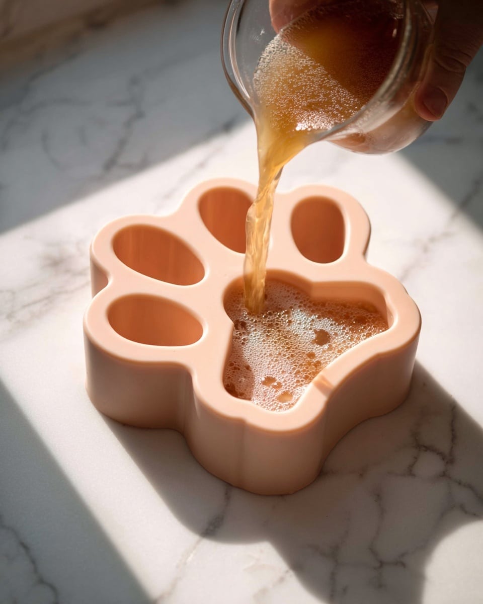 A pale pink silicone mold shaped like a large paw print and a bone is placed on a white marbled surface. A woman's hand is pouring a light brown liquid with small bubbles into the mold, filling the paw print shape and the bone shape. Bright sunlight casts soft shadows on the surface, making the liquid shimmer and highlighting the smooth texture of the mold. Photo taken with an iphone --ar 4:5 --v 7