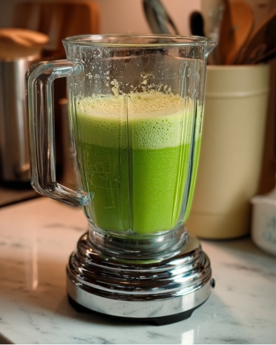 A clear glass blender jar filled with bright green liquid sits on a shiny silver blender base. The green liquid has two visible layers: a thicker, frothy light green foam on top and a smooth, darker green liquid below. The blender is on a white marbled surface with a blurry background including a beige container and some kitchen items. Photo taken with an iphone --ar 4:5 --v 7