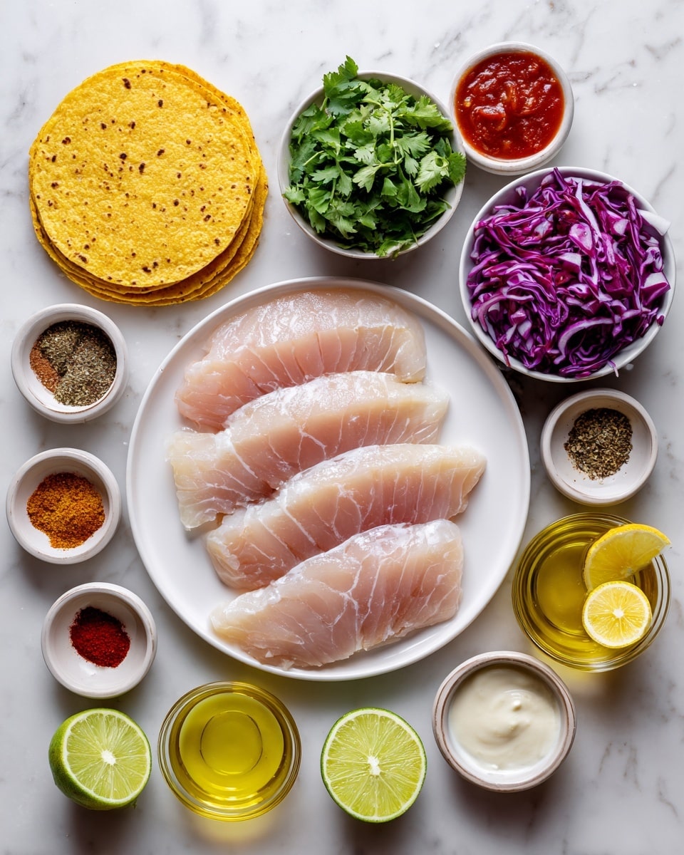 The image shows a flat lay of taco ingredients arranged neatly on a white marbled surface. In the middle, there is a white plate with five pieces of raw, pale pink mahi mahi fish, slightly stacked. To the top left, a small stack of yellow corn tortillas is placed. Around the fish and tortillas, there are small bowls and dishes holding various ingredients: one with shredded green and purple cabbage, one with purple sliced onion rings, and a small green bowl of fresh cilantro. The other small white dishes contain colorful spices like red paprika, light brown garlic powder, black pepper, and green oregano, each labeled clearly. There are two lime halves with bright green skin and pale green inside, a glass container of yellow olive oil, a small dish of amber honey, another with smooth white mayo and a small spoon, and a dish with bright red hot sauce. Two wedges of lemon, bright yellow, are also positioned near the top right. The ingredients are spaced evenly creating a clean, organized, and fresh look. photo taken with an iphone --ar 4:5 --v 7