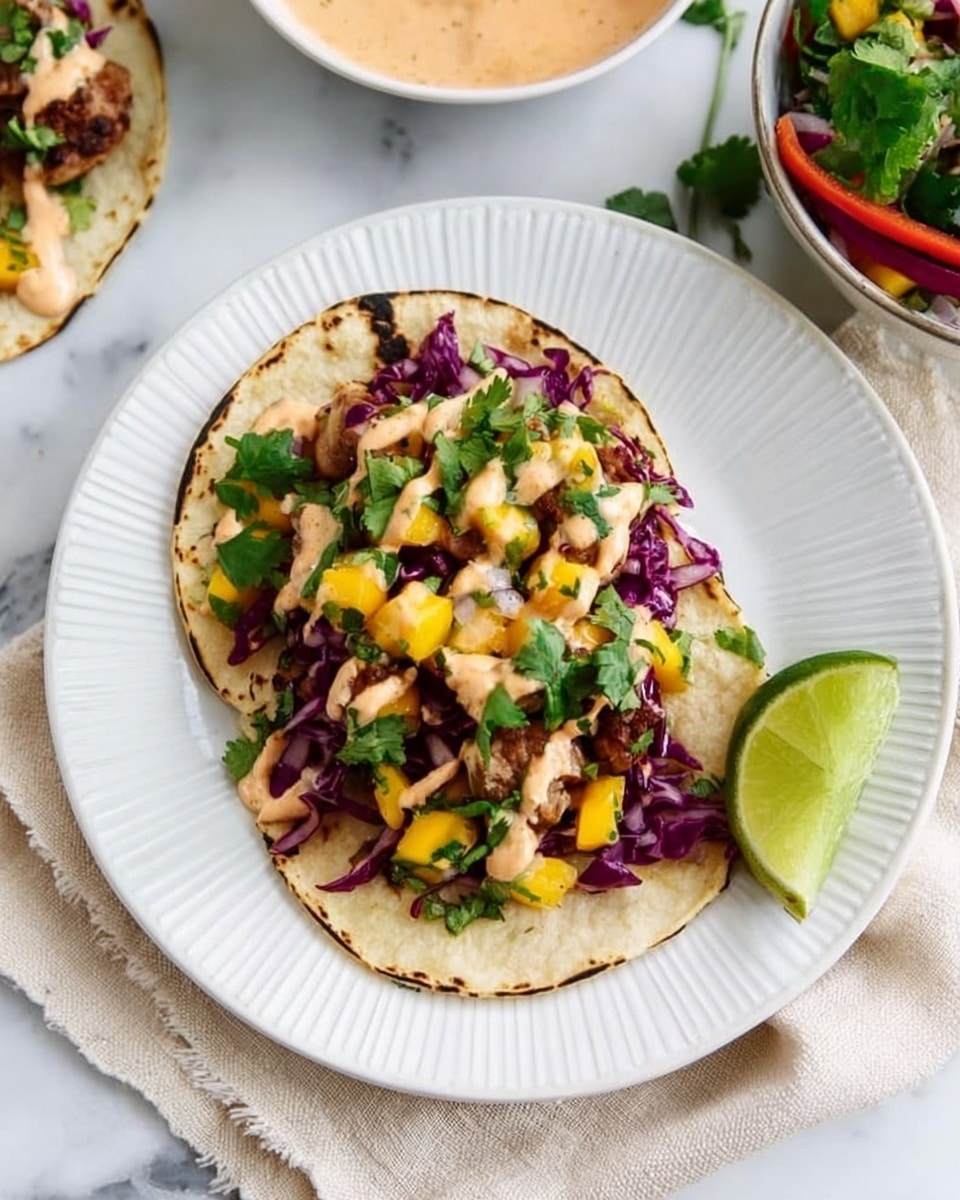 A white plate with ridged edges holds two soft corn tortillas stacked. On top, a layer of red cabbage adds a deep purple color and a slightly rough texture. Next, chunks of light brown grilled meat are spread evenly, covered by a mix of bright yellow mango pieces and green cilantro leaves. A creamy, light orange sauce is drizzled over the top, adding a smooth texture and vibrant contrast. Half a green lime is placed on the side of the tortillas, with visible pulp and a fresh look. The background is a white marbled surface with a soft beige cloth near the plate and bowls with colorful salads slightly visible on the edges. Photo taken with an iphone --ar 4:5 --v 7
