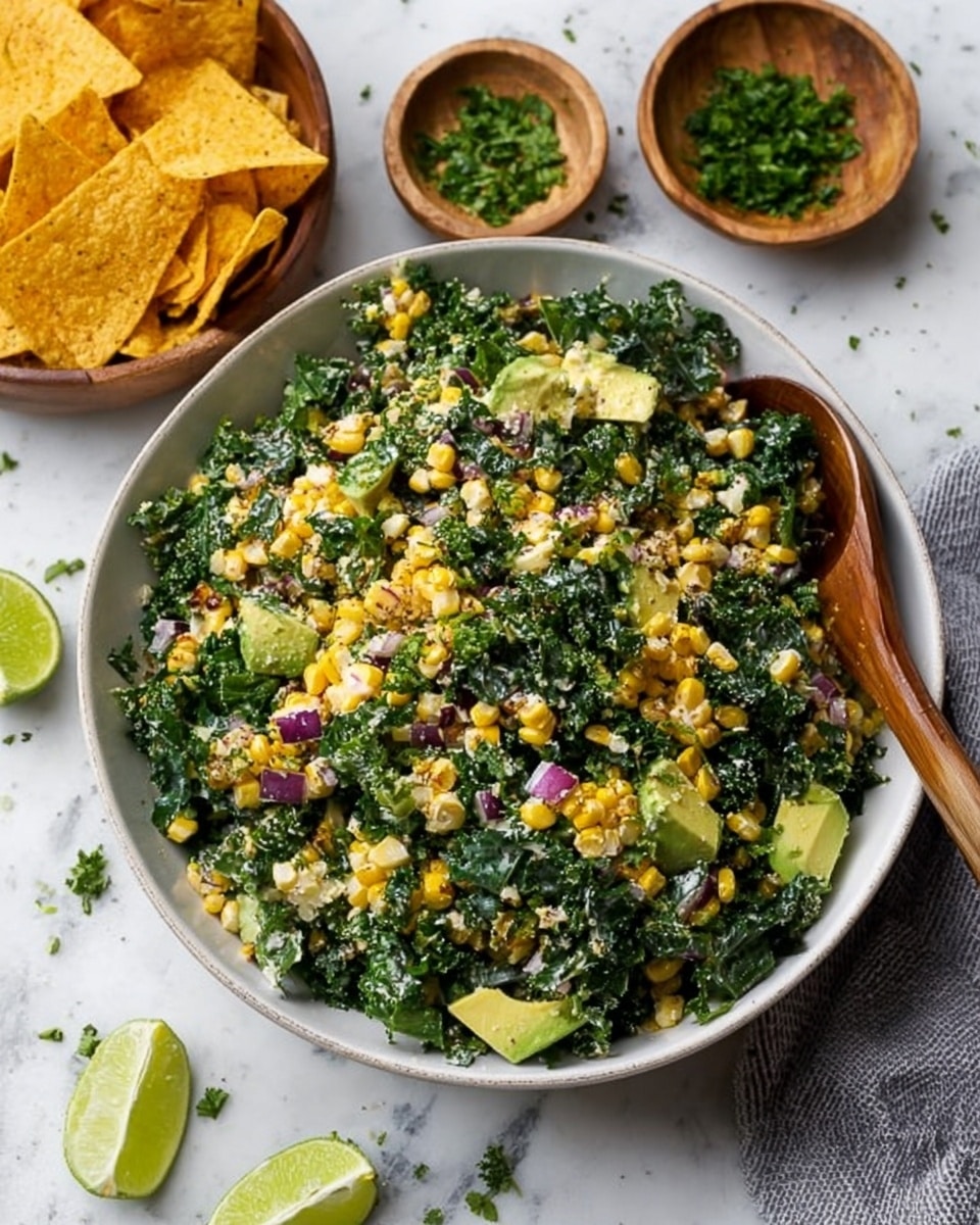 A large white bowl filled with a colorful salad on a white marbled surface. The salad has several visible layers: dark green kale leaves, light green chunks of avocado, bright yellow pieces of grilled corn, and small bits of purple onion, all mixed with some creamy dressing that lightly coats the ingredients. A wooden spoon rests inside the bowl, partly covered by the salad. Nearby, there is a wooden bowl with light yellow tortilla chips and another wooden bowl with finely chopped green herbs. Three lime wedges are placed close to the salad bowl. Some salad bits and chips are scattered around on the white marbled surface. photo taken with an iphone --ar 4:5 --v 7