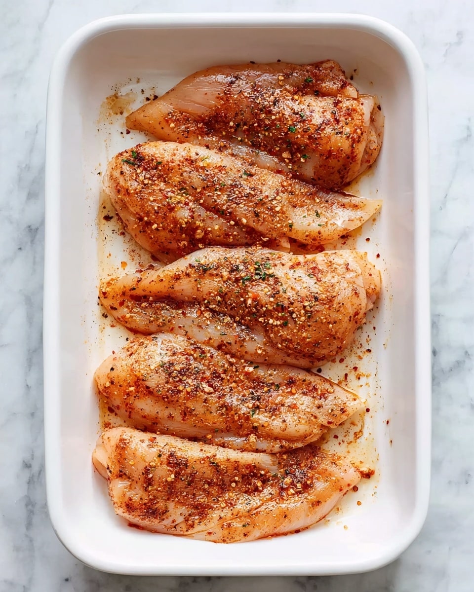 A white rectangular baking dish holds five raw chicken fillets arranged in a single layer, each seasoned with a mix of dry spices that add a reddish-brown color along with visible black pepper and herb flakes. The chicken pieces vary slightly in shape and size and are set on a white marbled surface. The overall look is clean and simple, with the seasoning evenly spread on each piece photo taken with an iphone --ar 4:5 --v 7
