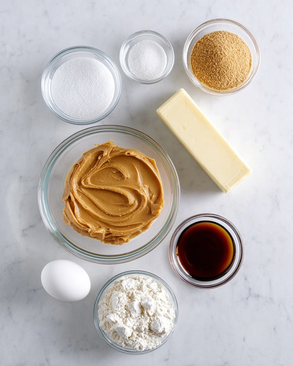 The image shows nine small clear glass bowls and a stick of butter on a white marbled surface. The largest bowl in the middle is filled with light brown peanut butter, smooth with some texture lines on top. Above it are three bowls: one with white granulated sugar on the left, one with light brown sugar on the right, and one with white milk at the top center. To the right of the peanut butter is a stick of butter, pale yellow and solid. Below the peanut butter, three small bowls hold white baking soda, a whole white egg, and white baking powder from left to right. To the right of the sugars is a small bowl with dark brown vanilla extract, smooth and glossy on top. The arrangement is neat, and the colors contrast well with the white marbled background. photo taken with an iphone --ar 4:5 --v 7